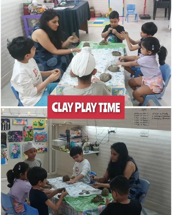 This is what our happy, busy sessions look like. Here, we are all working together during a clay play session, where little hands are busy creating, learning, and strengthening their fine motor skills.
