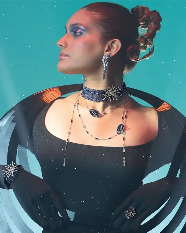 In this high-fashion editorial for Popley Eternal, the styling was conceptual and futuristic. I used a structured black gown and dramatic jewelry to create a celestial narrative, transforming the model into a cosmic entity.