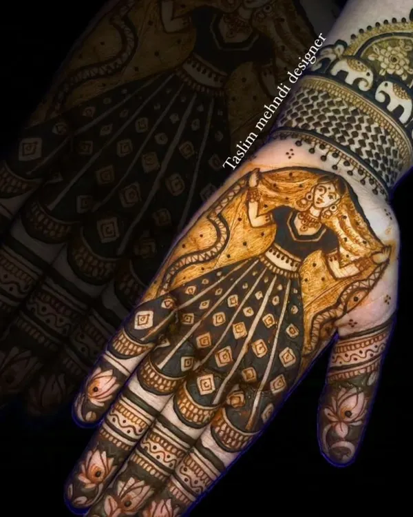 I can bring any story to life with henna. This design features a graceful dancing figure, showcasing my skill in creating detailed portraits and figures that make your mehndi truly one of a kind.