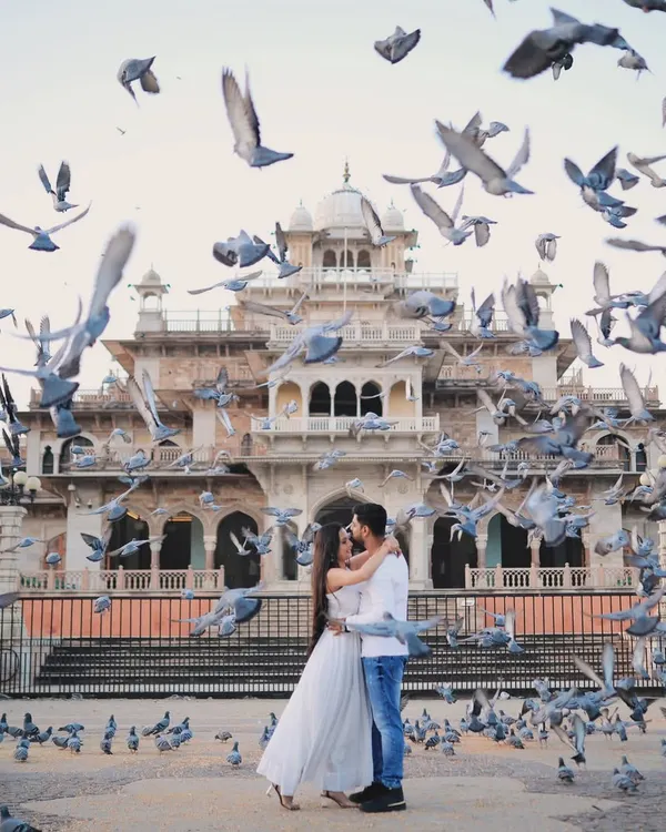 A grand pre-wedding photograph capturing a couple's embrace amidst a flock of pigeons before the Albert Hall Museum in Jaipur. This shot exemplifies our ability to create grand, spontaneous moments for destination wedding albums.