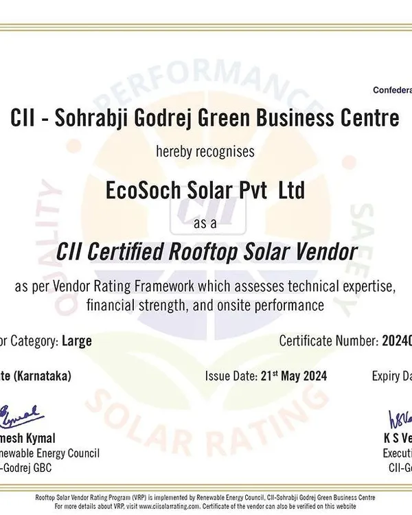 We are officially recognized by the Confederation of Indian Industry (CII) as a Certified Rooftop Solar Vendor. This certification is a testament to our technical expertise, financial strength, and high standards of on-site performance and safety.