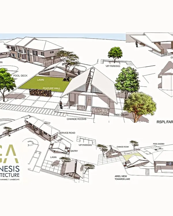 An early-stage conceptual sketch for a farmhouse project. This drawing maps out all the key zones, from the pool and lawn to the entry pavilion, establishing the overall flow and feel of the property.