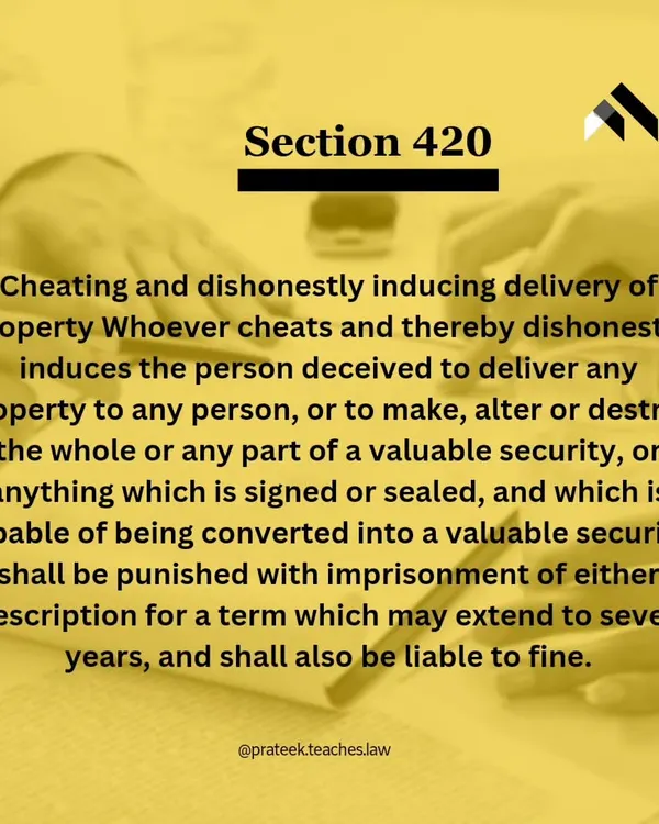 Section 420 IPC Explained. This slide details the text of Section 420 of the Indian Penal Code, which defines the offense of "Cheating and dishonestly inducing delivery of property." Understanding this is key to determining if you have a criminal case.