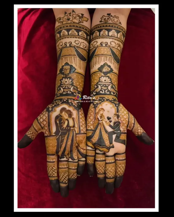 A full view of a stunning bridal mehendi featuring two distinct couple portraits. One hand shows a romantic embrace, while the other captures a proposal moment, telling a complete love story.