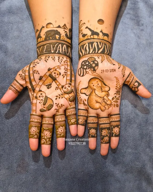 This baby shower mehndi was so special to create. We included a cute baby elephant, playful pandas, a jungle safari band, and even the baby's name 'Vivaan' and due date to make it a beautiful keepsake for the mom-to-be.