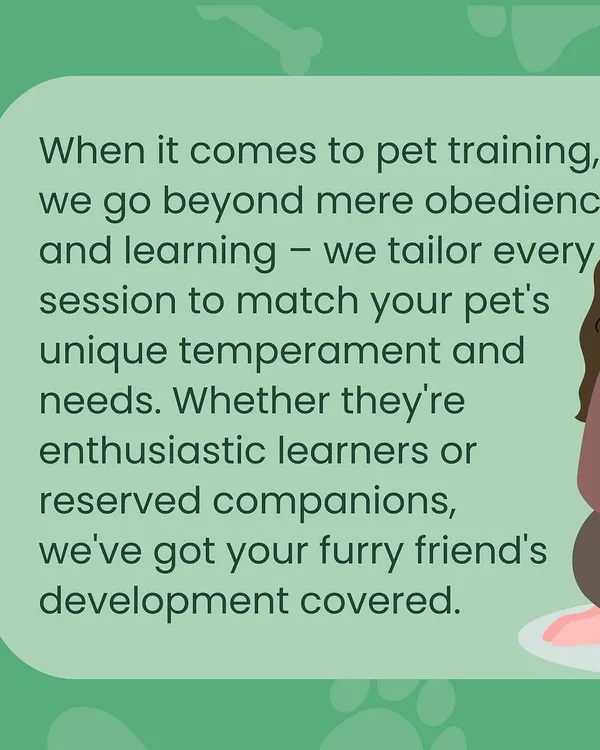 We go beyond basic obedience. Our goal is to understand your pet's unique personality, whether they are a super enthusiastic learner or a bit more reserved, and tailor every single session to their specific needs.
