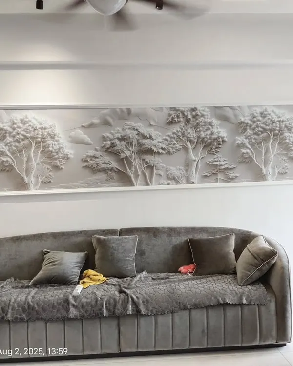 This 3D wallpaper features a bas-relief of a forest landscape, installed in a living room in Mulund. The raised texture creates beautiful shadows and makes the wall a true work of art.