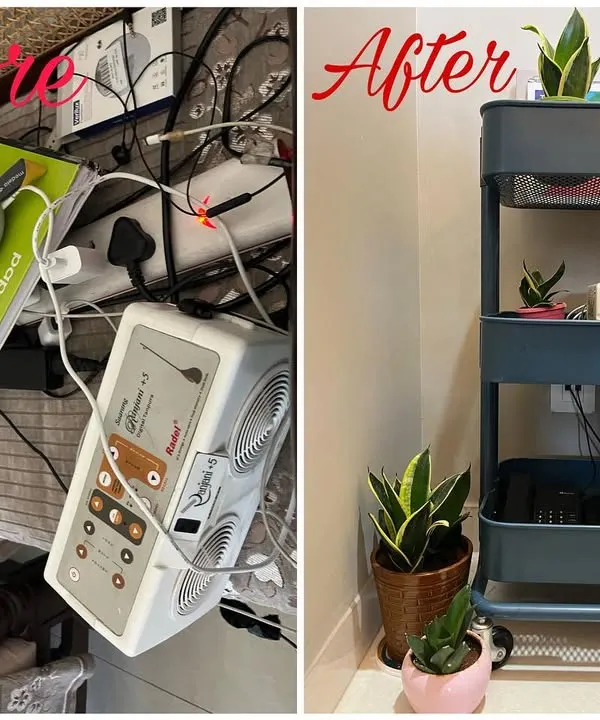 This is the perfect example of turning chaos into calm. On the left, you see the tangled cables, overflowing items, and general disorder that was causing daily stress. By introducing a simple three-tier rolling cart, we created a dedicated home for everything from electronics to stationery, completely clearing the workspace. This is a practical cable management and storage solution that is both functional and aesthetic, making the workday more productive and peaceful.