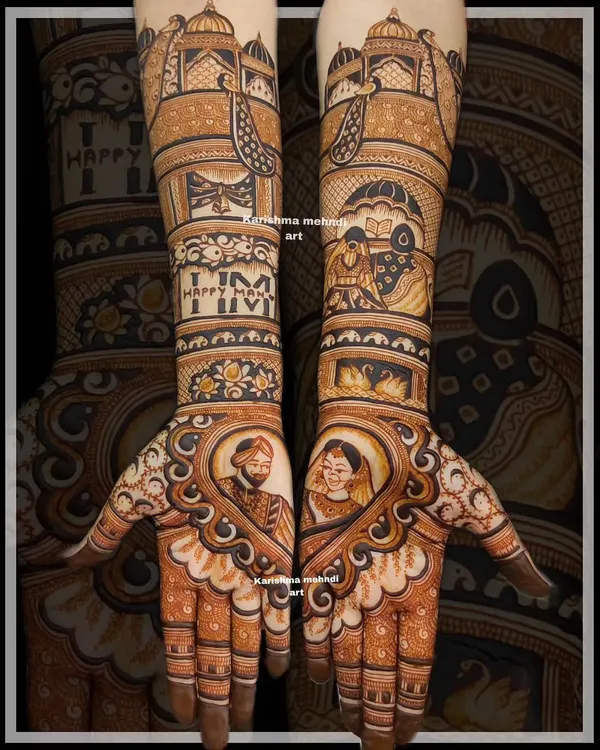 A personalized bridal mehendi for a Sikh wedding, featuring detailed portraits of the bride and groom within heart-shaped frames. The design incorporates significant elements like a Gurudwara, the couple's initials, and meaningful text, telling their unique story on their hands.
