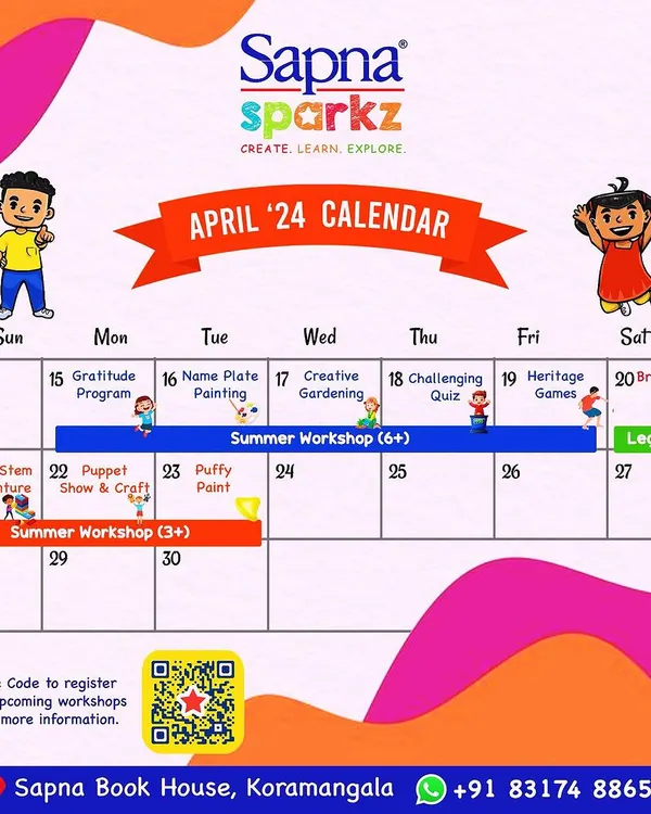 Here is our April 2024 calendar, packed with exciting workshops! From LEGO sessions with Bricks4Kidz to Puffy Paint and Creative Gardening, you can scan the QR code to register for any event.