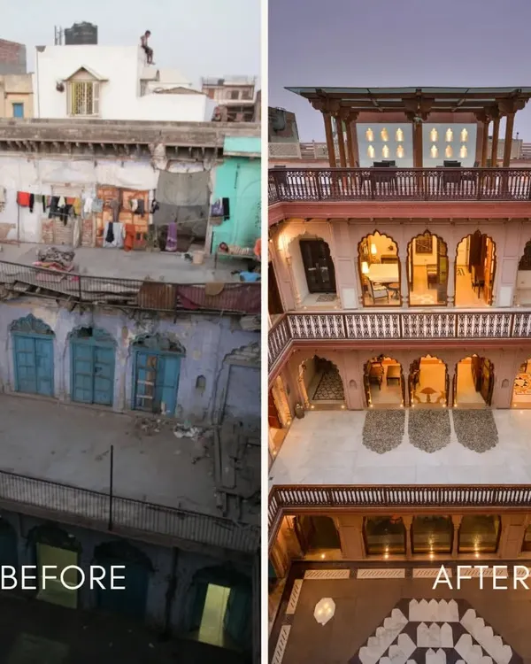 The heart of the haveli, the central courtyard, was transformed from a neglected space into a grand, visually integrated hub. The 'before' shows decay, while the 'after' reveals a meticulously planned space that connects every floor.