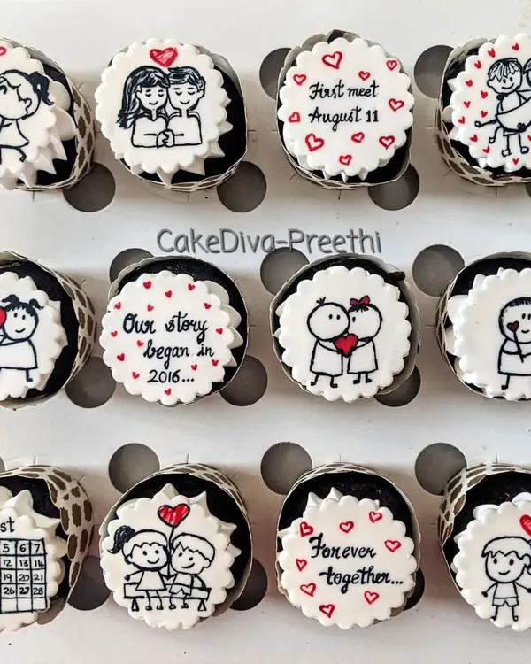 Celebrating love with these cute, hand-painted cupcakes. I created two sets of these for different clients, each telling a unique love story through simple drawings on fondant.