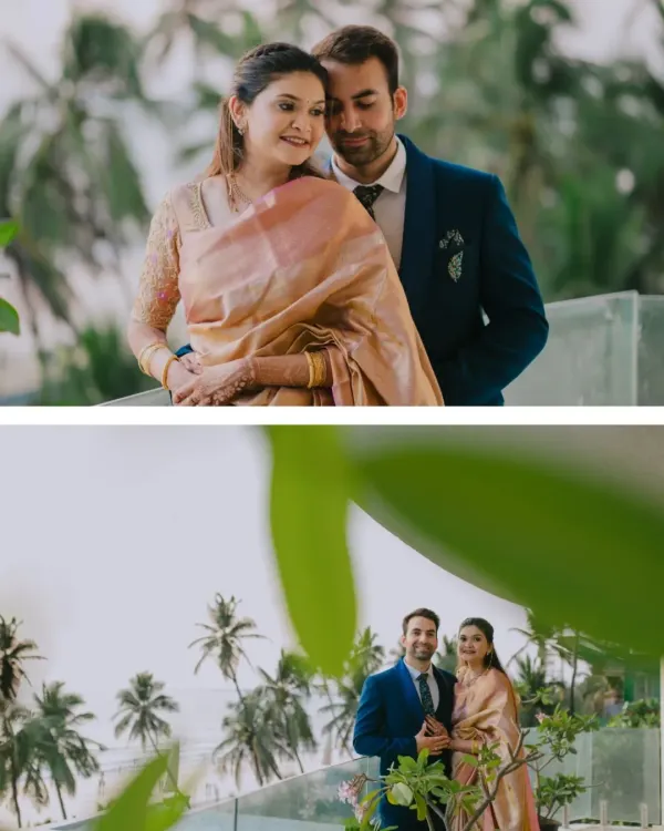 A beautiful series of portraits with a stunning beachside view. The top image shows a tender moment, while the bottom one captures a wider, scenic view, showcasing the versatility of a destination shoot.