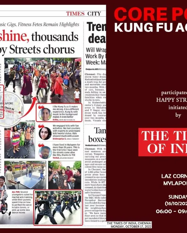 Our academy was featured in the Times of India for our participation in the "Happy Streets" initiative. We are always happy to bring martial arts to the community.