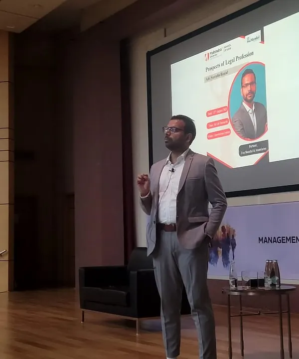 Our Partner, Saurabh Bindal, is seen here addressing law students at Mahindra University. Sharing practical insights on the legal profession is part of our commitment to mentoring future leaders in law.