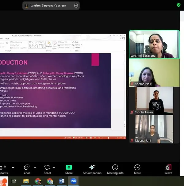 A screenshot from our online workshop on managing PCOS and PCOD. An instructor presents information on how hormonal imbalances affect the body and how yoga can help regulate the system and manage symptoms.