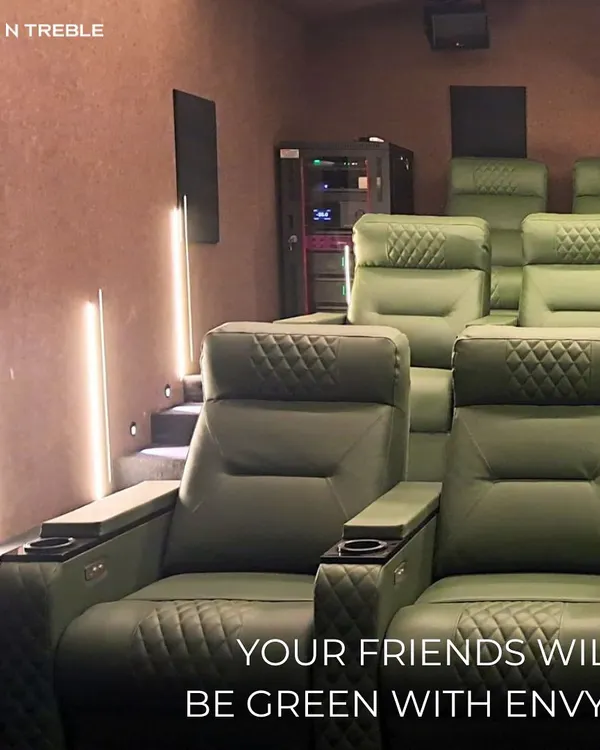 Welcome to your private gold-class cinema experience. We designed this plush 12-seater theatre in a Gurgaon residence, focusing on immersive surround sound and perfect visuals to make every movie night magical.