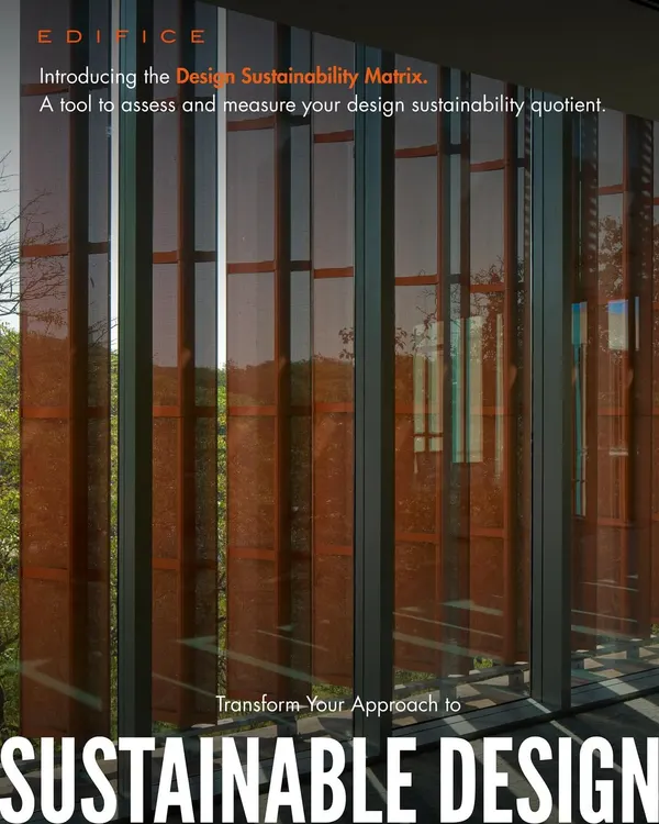 We created the Design Sustainability Matrix as a free, open-access tool to help architects and developers assess and measure a project's sustainability quotient. This image features the tool's cover, set against a backdrop of a climate-responsive facade.