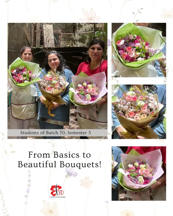 Our students from Batch 70 proudly display the hand-tied bouquets they created in class. This collage showcases the variety of styles and color palettes they learned to work with, each resulting in a beautiful, professional-looking bouquet.