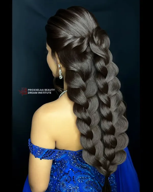 This intricate pull through braid is all about volume and drama, perfect for making a statement at any wedding or grand celebration. The smooth, glossy finish shows off the health of the hair while creating a showstopping silhouette.