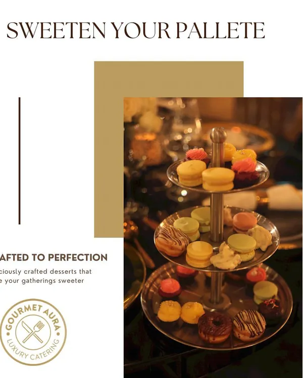 A three-tiered stand filled with colorful macarons and mini donuts. Our dessert displays are designed to be a beautiful and tempting centerpiece.