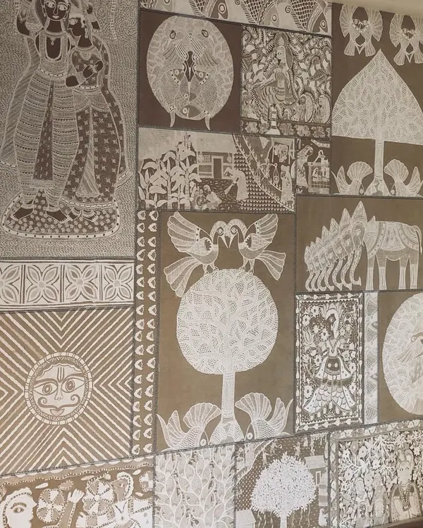 A full view of the Indian folk art mural, showing how the different panels come together to create a rich and detailed tapestry of cultural motifs.