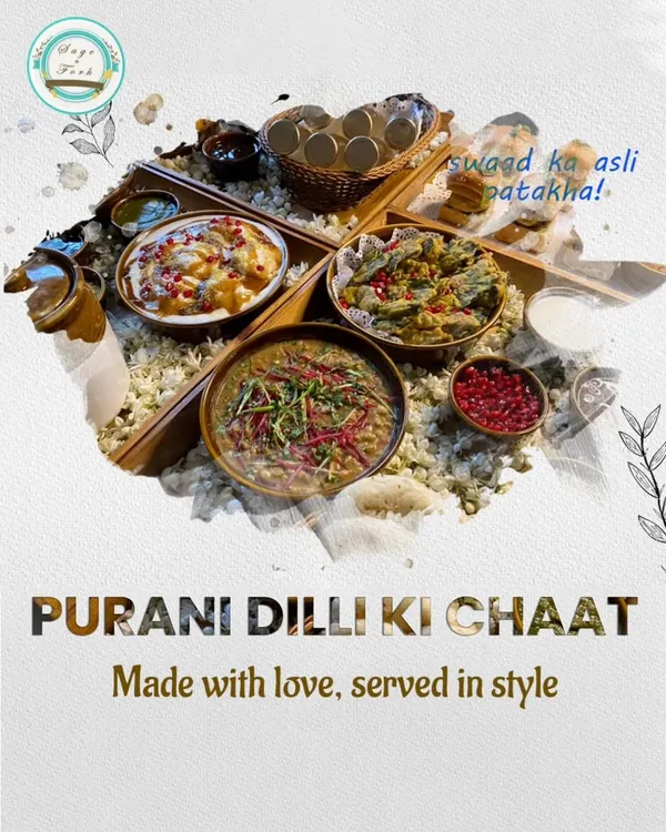 "Purani Dilli Ki Chaat, Made with love, served in style." This platter captures the essence of Delhi's street food culture, featuring a variety of chaat items ready to be enjoyed at your event.