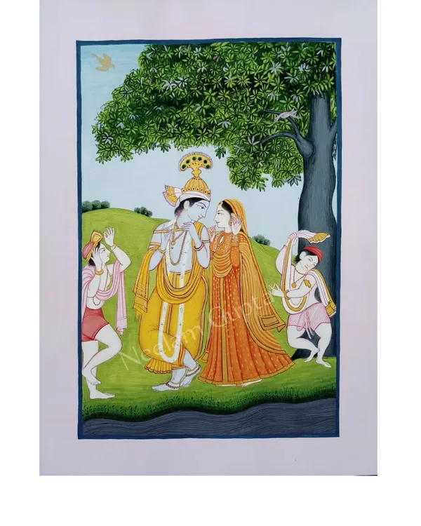 The divine pair, Radha and Krishna, captured in the Guler Pahari miniature style. Every detail, from their expressions to the folds of their clothes, is painted with fine brushes and natural pigments.