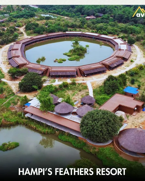 The incredible architecture of Hampi's Feathers Resort, designed to resemble an ancient amphitheater surrounding a lake. I choose stays that are destinations in themselves, offering a unique and memorable experience.