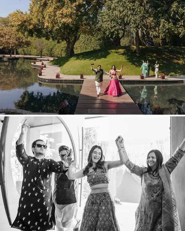The hype gang in full effect. This collage captures the fun and chaos of a Mehendi party, with friends dancing, laughing, and celebrating together.
