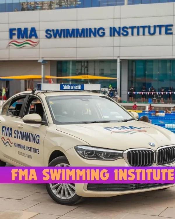 FMA is the number one swimming institute in Gurugram, Mumbai, and Delhi. Our branded car is a symbol of our commitment to reaching swimmers everywhere, parked here in front of one of our modern facilities.