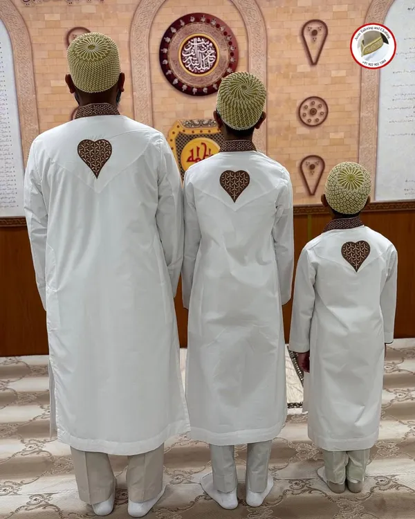 It was heartwarming to craft these three matching saya kurta izar sets for a Misaq ceremony. Each one features a leopard print heart detail on the back, creating a unique and unified look for the father and his two sons on this beautiful occasion.