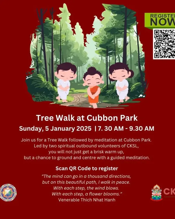 Join us for a mindful Tree Walk in Cubbon Park. This volunteer-led activity combines a gentle walk, where we identify trees significant to Buddha's life, with a guided meditation session. It is a wonderful opportunity to connect with nature, our community, and your own inner peace.