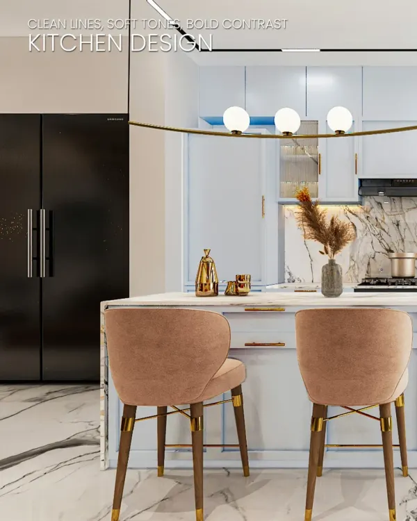 This kitchen design is all about clean lines, soft tones, and bold contrast. The pastel blue cabinetry is paired with a dramatic black refrigerator and elegant brass hardware for a look that is both fresh and sophisticated.