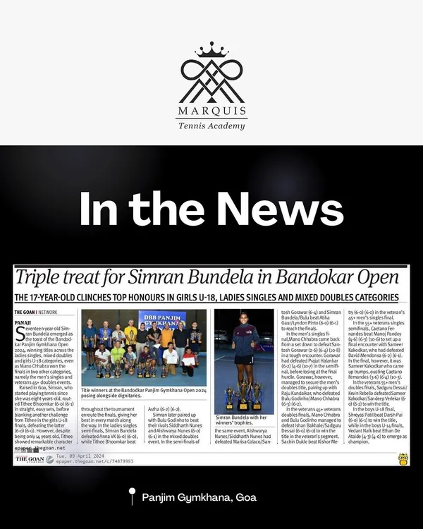 We are incredibly proud of our athlete Simran Bundela, who was featured in the news for her triple-title win at the Bandodkar Open in Goa, clinching the U-18, Ladies Singles, and Mixed Doubles categories.