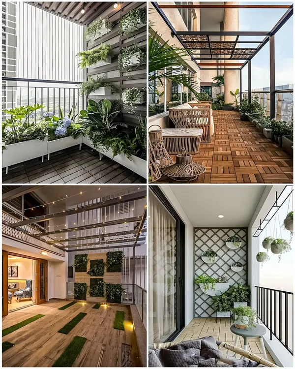 A collage of four different balcony concepts, showing the range of possibilities. From a lush vertical planter system and a breezy terrace cafe to a minimalist yoga space and a cozy nook with hanging plants.