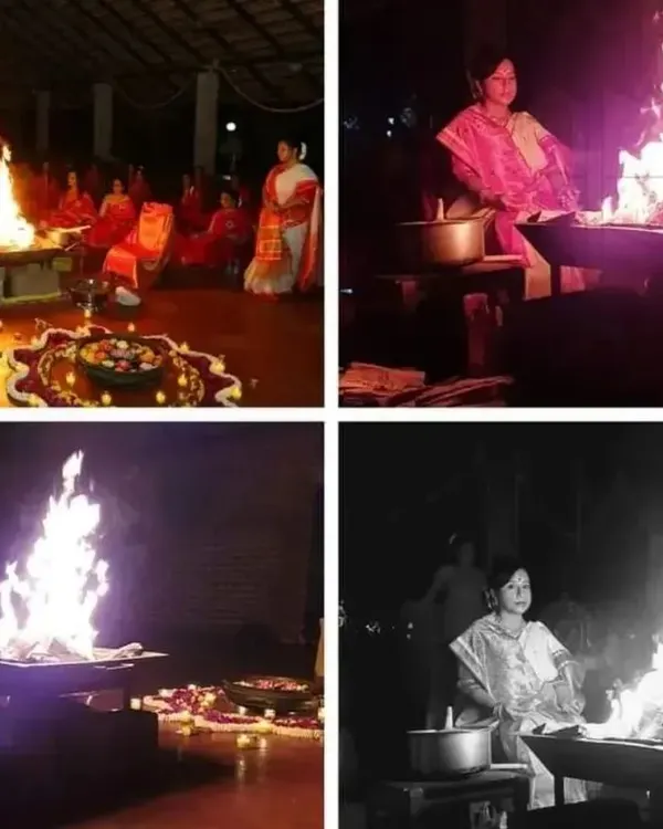 A collage of powerful moments from a Siddha Fire Meditation event. The images show Maa Aditiji tending to the sacred fire, with the flames burning brightly, symbolizing the purification of unwanted energies and the awakening of consciousness.