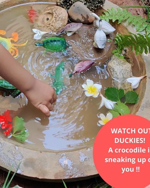 Watch out, duckies. A crocodile is sneaking up on you. Our DIY pond is a hub for imaginative play and learning about habitats. Children create complex stories, learning about predator and prey relationships in a safe, hands-on way.