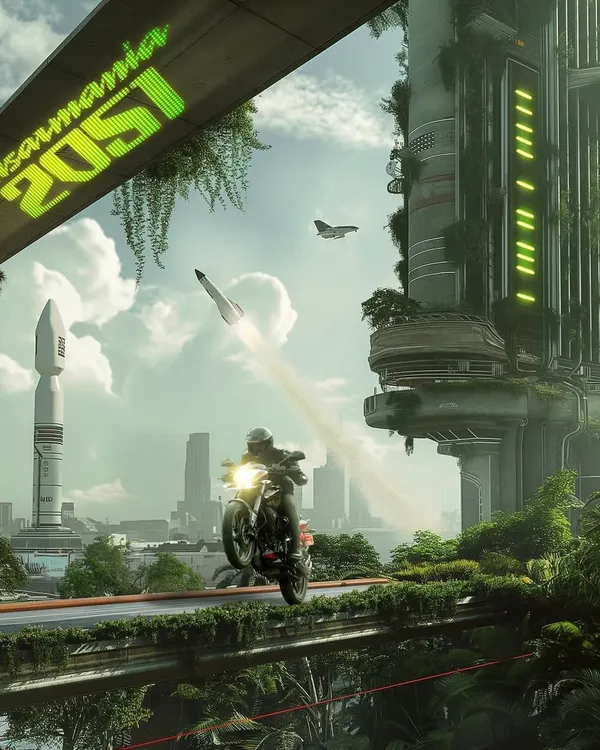 A commercial illustration for Pulsar, showing a futuristic 'Pulsarmania 2051' scene with a rider on an elevated aerobridge in a green, solarpunk city. This shows my ability to create optimistic, high-tech futures for brands.