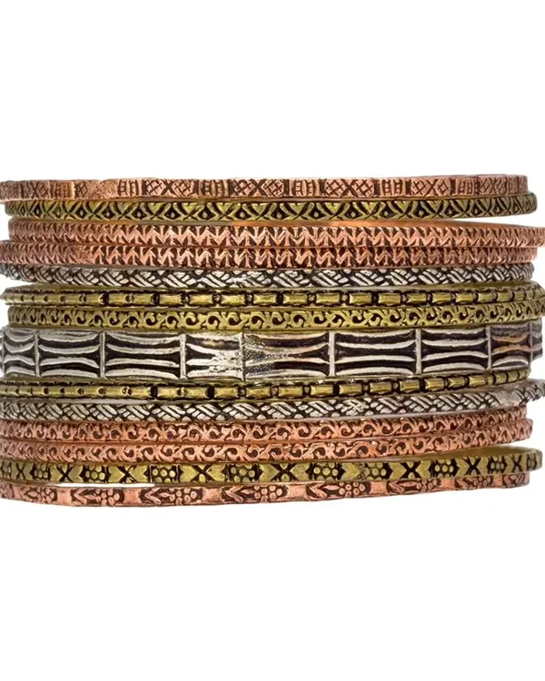Be bold with a Boho bangle. This hand-hammered bangle stack features copper, brass, and oxidized silver tones for a rustic, vintage vibe.