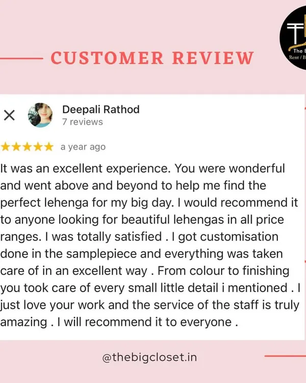 "I just love your work and the service of the staff is truly amazing." A wonderful 5-star Google review from our client Deepali, who found the perfect lehenga for her big day with us.