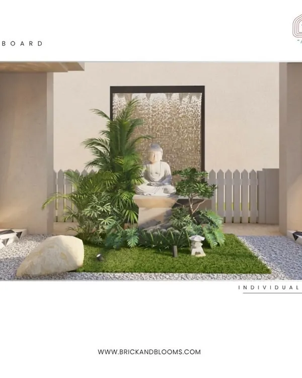 A mood board for a serene corner garden. This design features a central Buddha statue, a small water feature, and a mix of gravel and turf to create a classic Zen-inspired space.