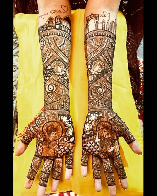 A tale of two cities. This custom design features the Bangalore and Dubai skylines, telling the couple's long-distance love story. I can incorporate any city or landmark that is meaningful to you.