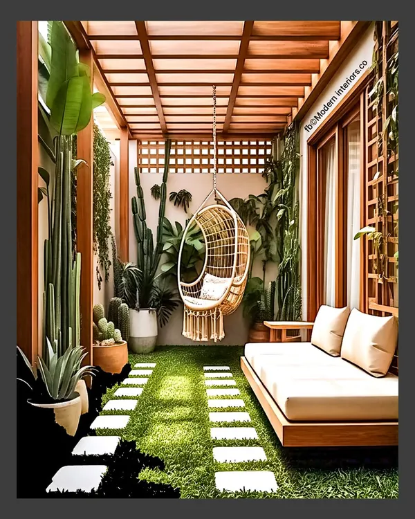 This balcony is designed for ultimate relaxation, featuring both a hanging wicker swing and a low-profile daybed. The artificial grass path between them makes the space feel like a private garden path leading to different zones for lounging.