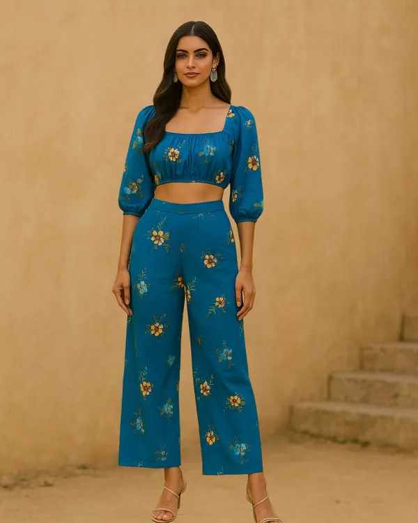A glimpse of what's possible. This chic blue floral co-ord set, with its square neckline and puff sleeves, was born from one of our versatile printed fabrics.