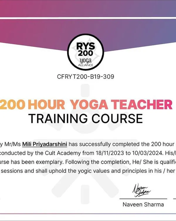 I am proud to be a certified yoga teacher. This is my 200-hour Yoga Teacher Training certificate from the Cult Academy.