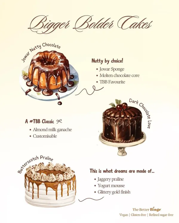 My Bigger Bolder Cakes are crafted for those special moments. This menu shows some of our classics like the Jowar Nutty Chocolate, Dark Chocolate Love, and Butterscotch Praline.