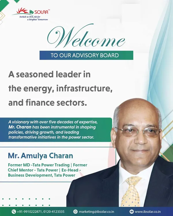 We are proud to welcome Mr. Amulya Charan, a visionary leader with over five decades of experience at Tata Power, to our Advisory Board. His expertise in shaping energy policy and driving transformative initiatives strengthens our strategic direction.