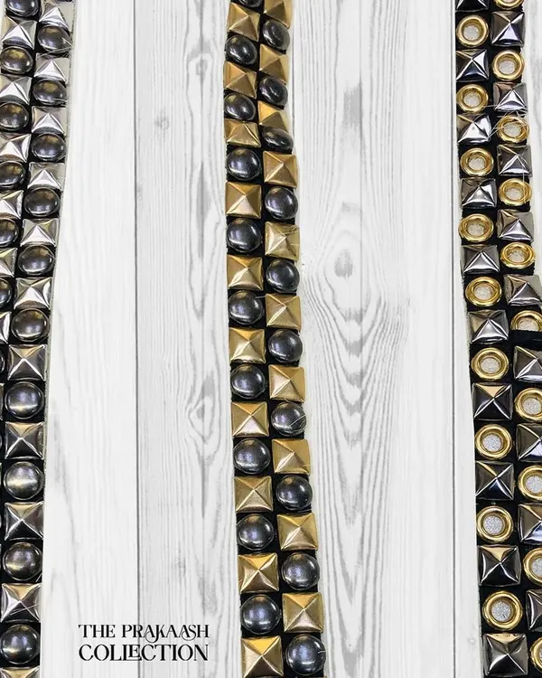 A selection of exclusive studded laces with black, silver, and gold pyramid studs and domes. These cool, contemporary trims are perfect for making any western outfit more stunning.