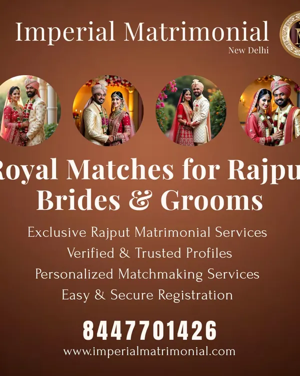 I offer royal matches for Rajput brides and grooms. My exclusive Rajput matrimonial services feature verified profiles and personalized matchmaking to honor your heritage.